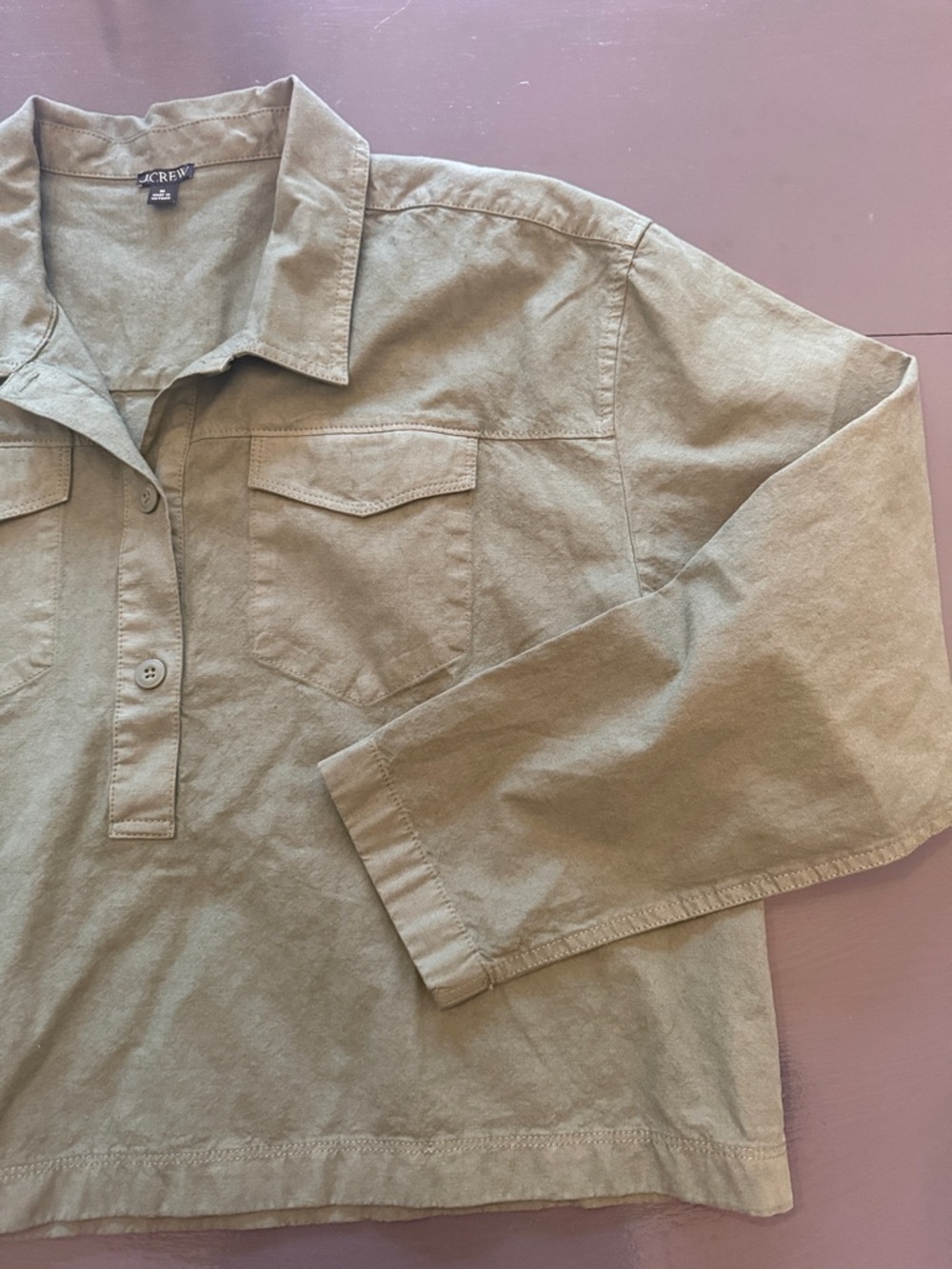 J.Crew Popover Cropped Shirt Sz M Cotton Linen Blend Green Denim Utility Boxy - Picture 6 of 10